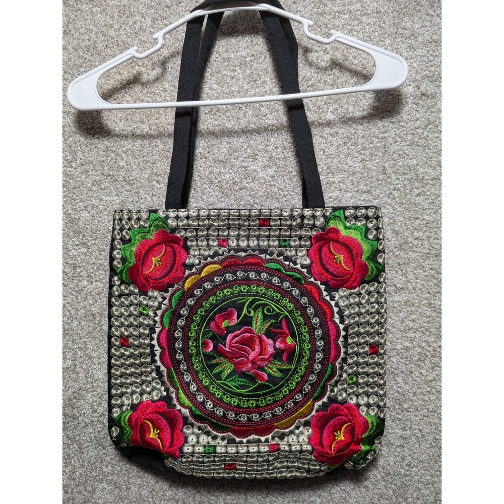 VTG Boho Embroidered Tote Bag with Rose Flower and Leaves Design